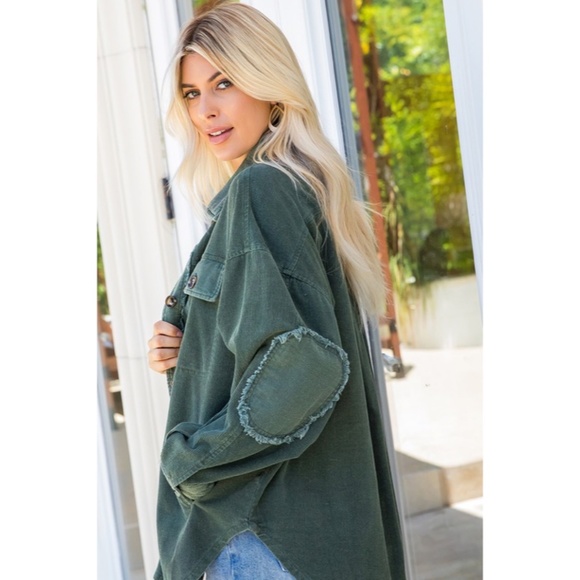 SOLD OUT Olive Green Corduroy Washed Shacket Oversized Relaxed Casual Jacket - Picture 3 of 4